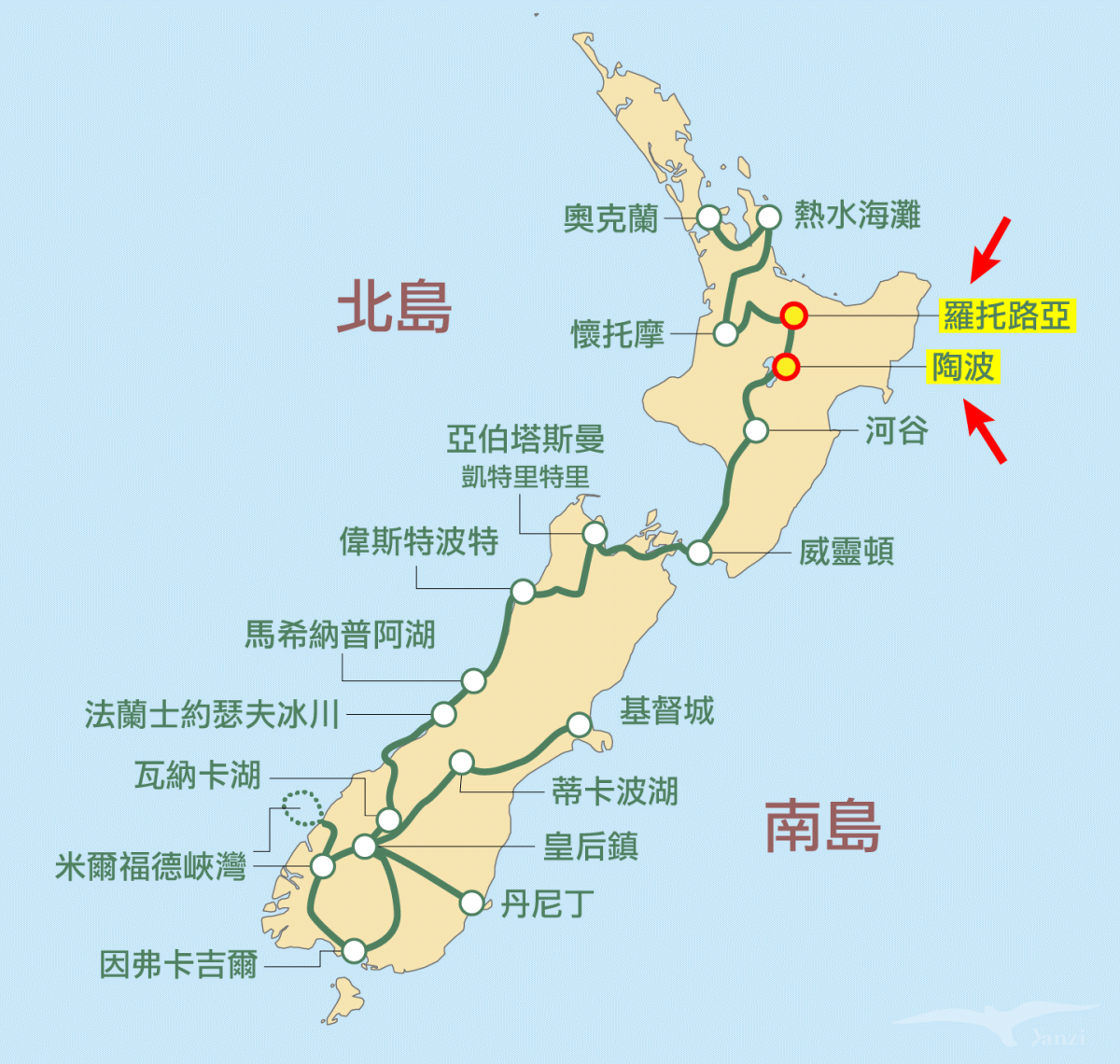 kiwi experience巴士路線 / hop-on hop-off bus passes 羅托路亞～陶波