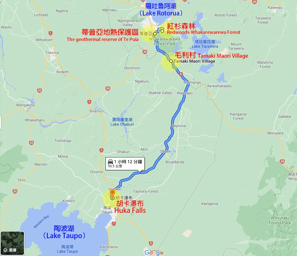 羅托路亞～陶波景點地圖 Rotorua to Taupo map