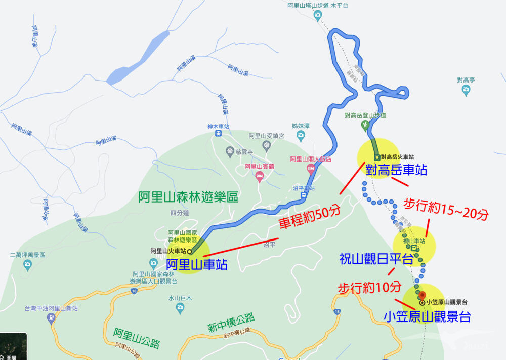 阿里山車站到對高岳車站，祝山觀日平台到小笠原山觀景台路線圖