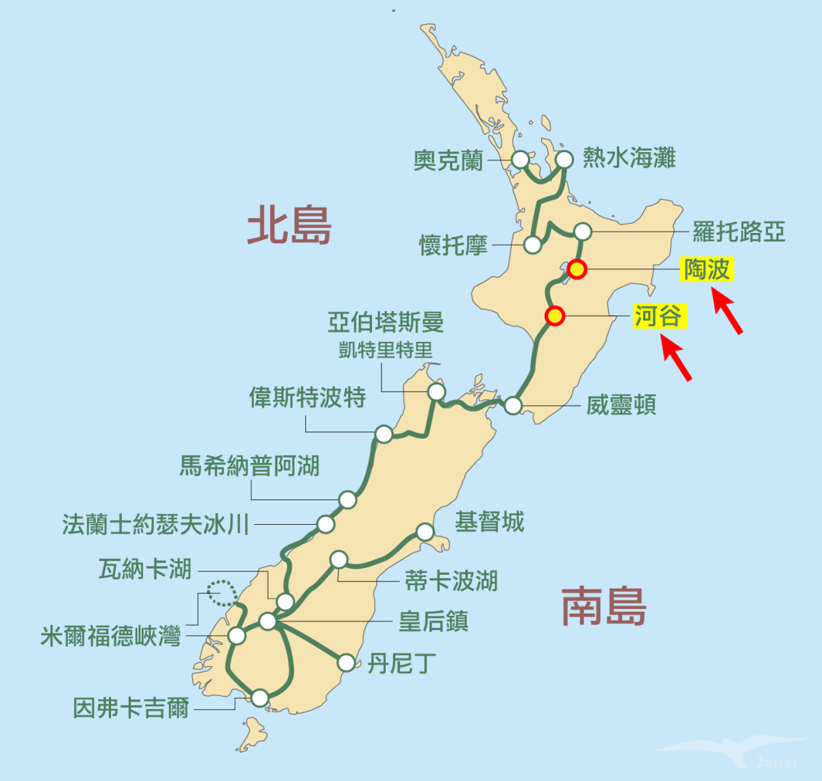 kiwi experience巴士路線 / hop-on hop-off bus passes 陶波-河谷