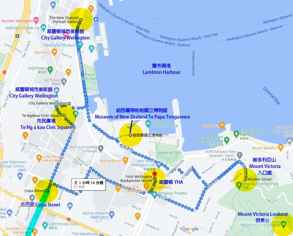 【紐西蘭D10】威靈頓一日遊景點Wellington|爬山+博物館+港灣 - 第2張圖 威靈頓一日遊路線圖 Wellington City map