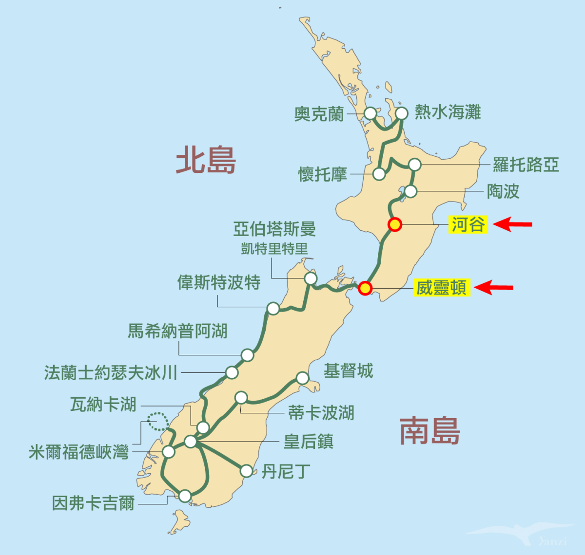 kiwi experience巴士路線 / hop-on hop-off bus passes 河谷-威靈頓