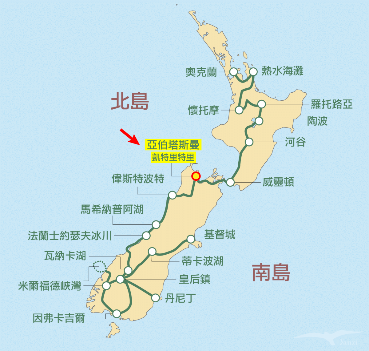 kiwi experience巴士路線 / hop-on hop-off bus passes 亞伯塔斯曼 凱特里特里