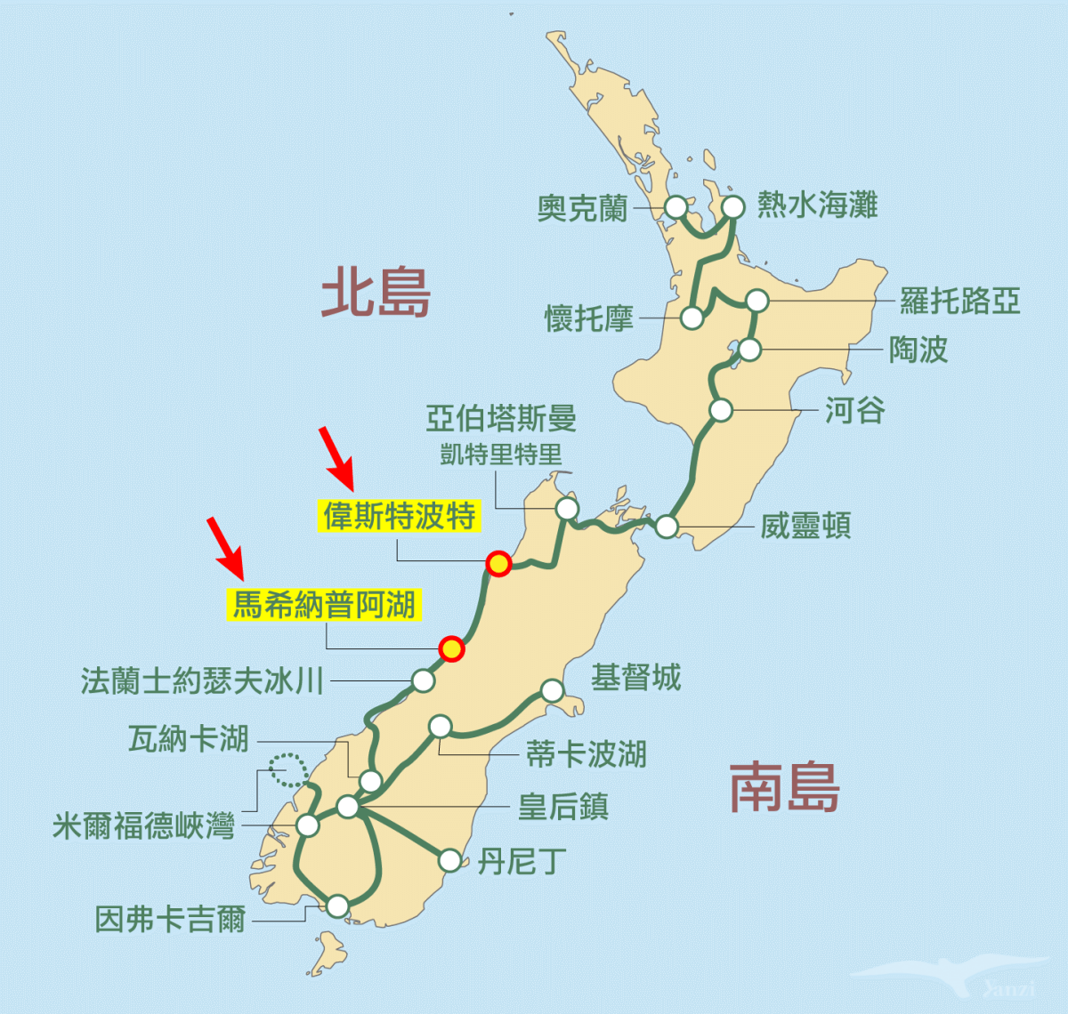 kiwi experience巴士路線 / hop-on hop-off bus passes 馬希納普阿湖