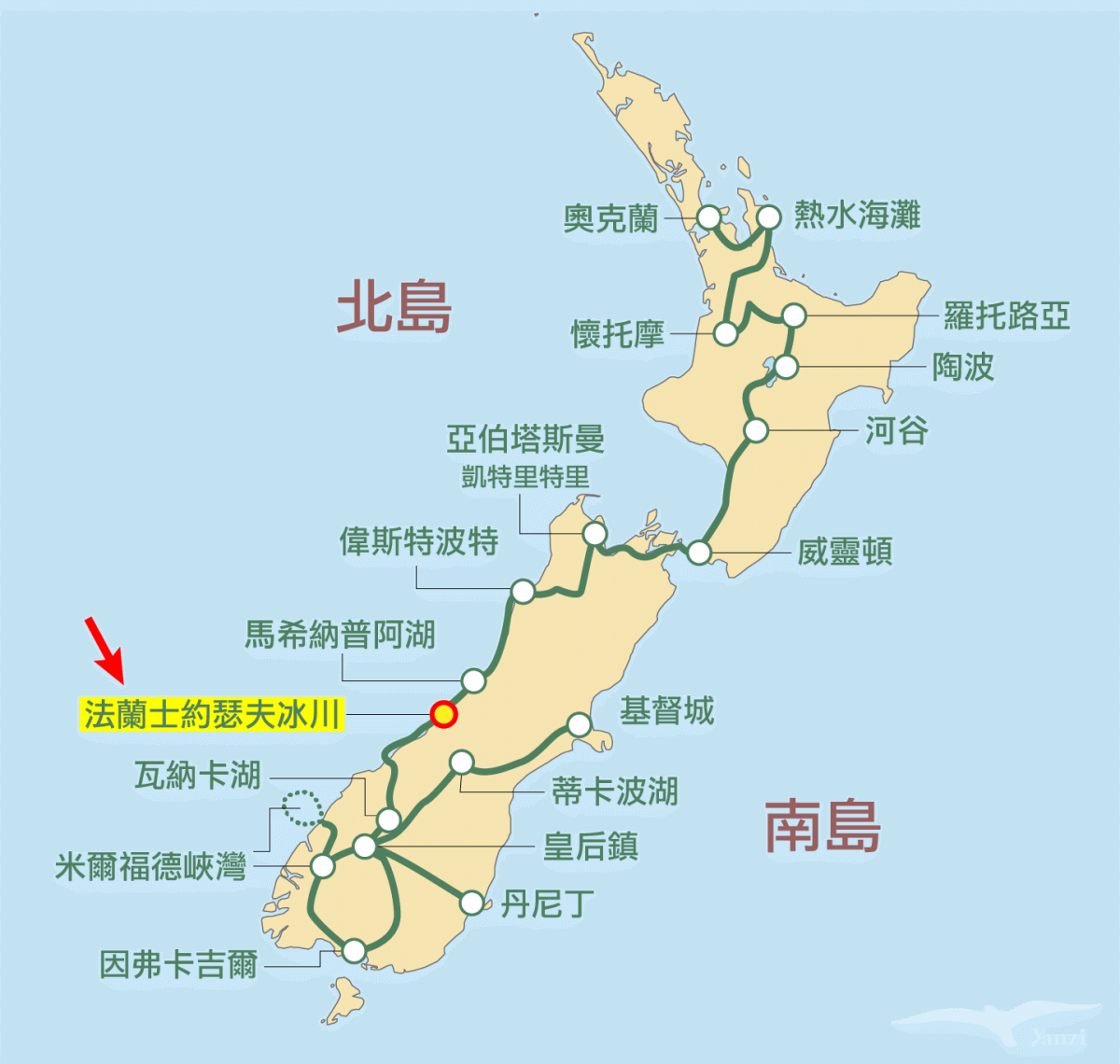 【紐西蘭D14-15】法蘭士約瑟夫冰川Franz Josef Glacier|直升機初體驗 - 第1張圖 kiwi experience巴士路線 / hop-on hop-off bus passes 法蘭士約瑟夫冰川