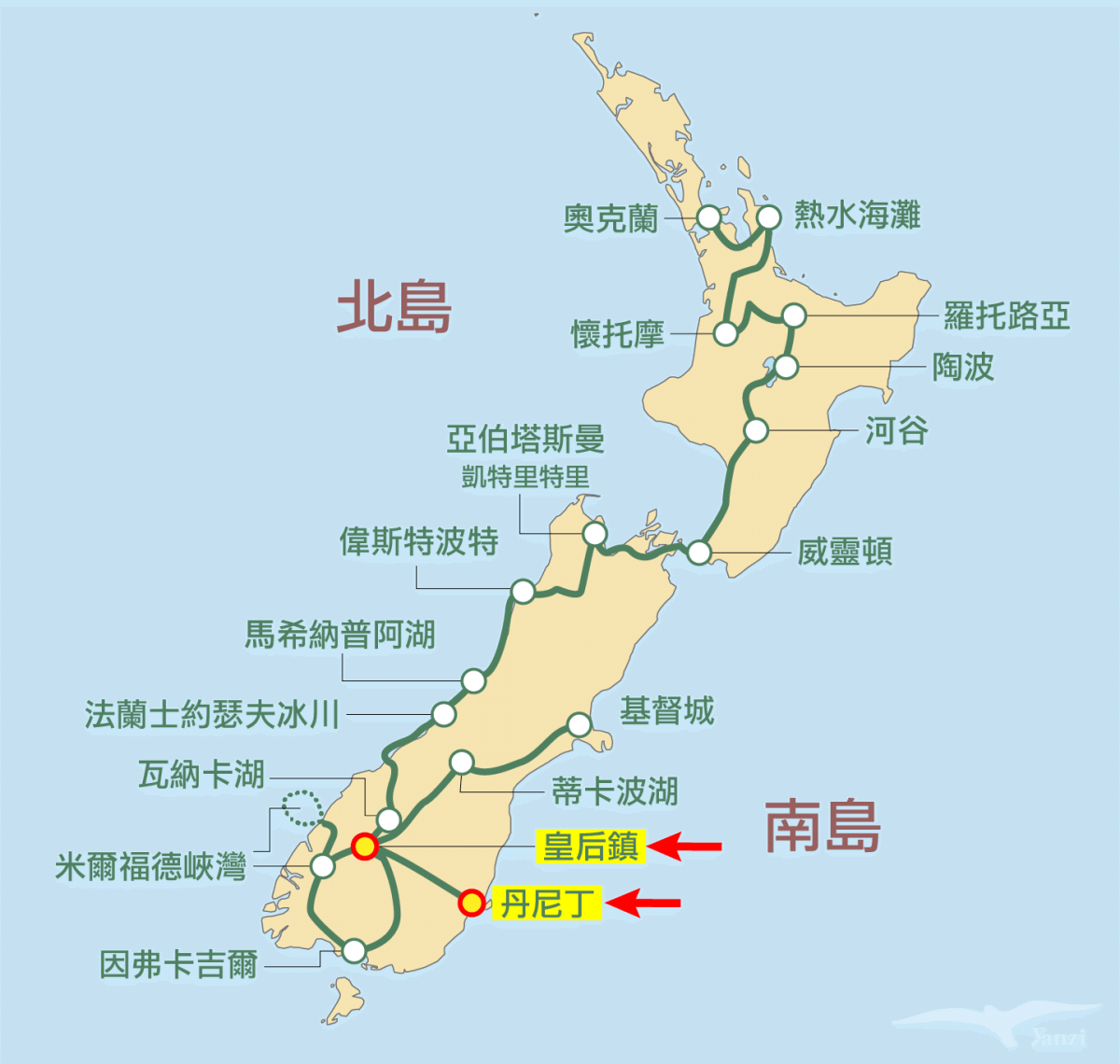 【紐西蘭D23】但尼丁Dunedin市區6大景點推薦!倉促半日遊 - 第1張圖 kiwi experience巴士路線 / hop-on hop-off bus passes 但尼丁