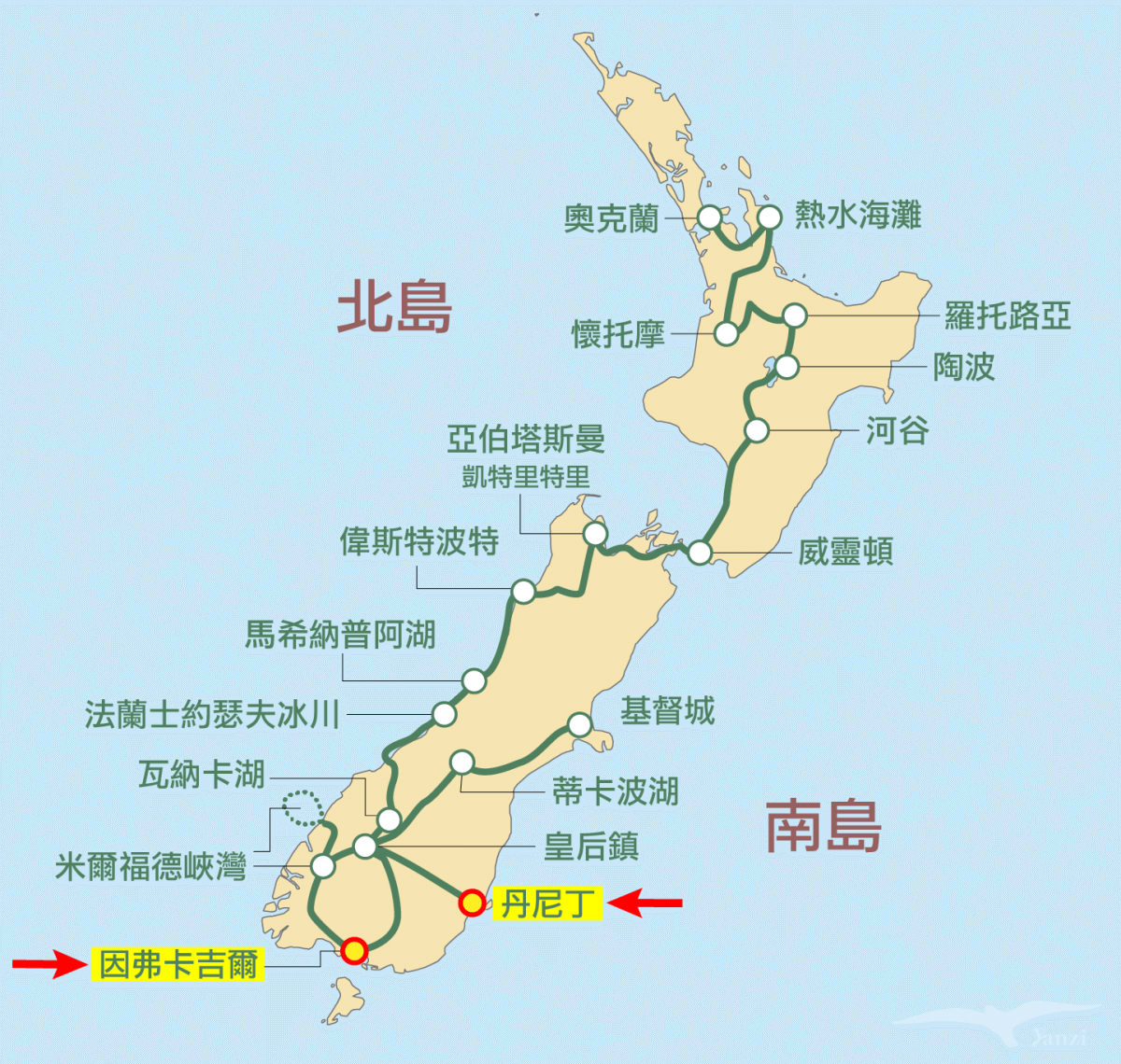 kiwi experience巴士路線 / hop-on hop-off bus passes 因弗卡吉爾