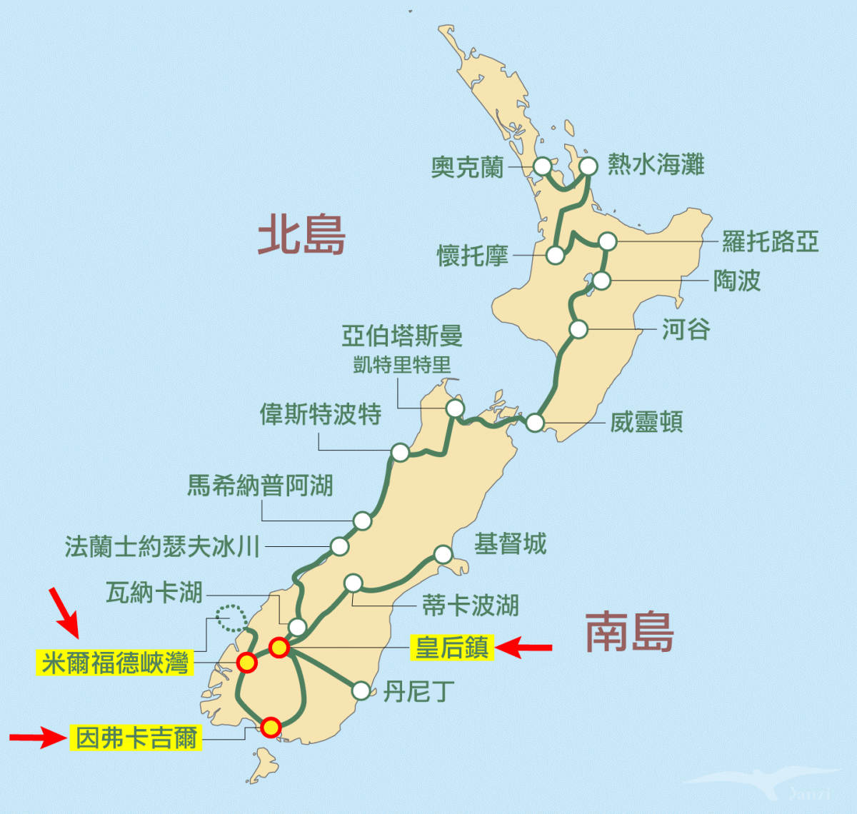 kiwi experience巴士路線 / hop-on hop-off bus passes 米爾福德峽灣