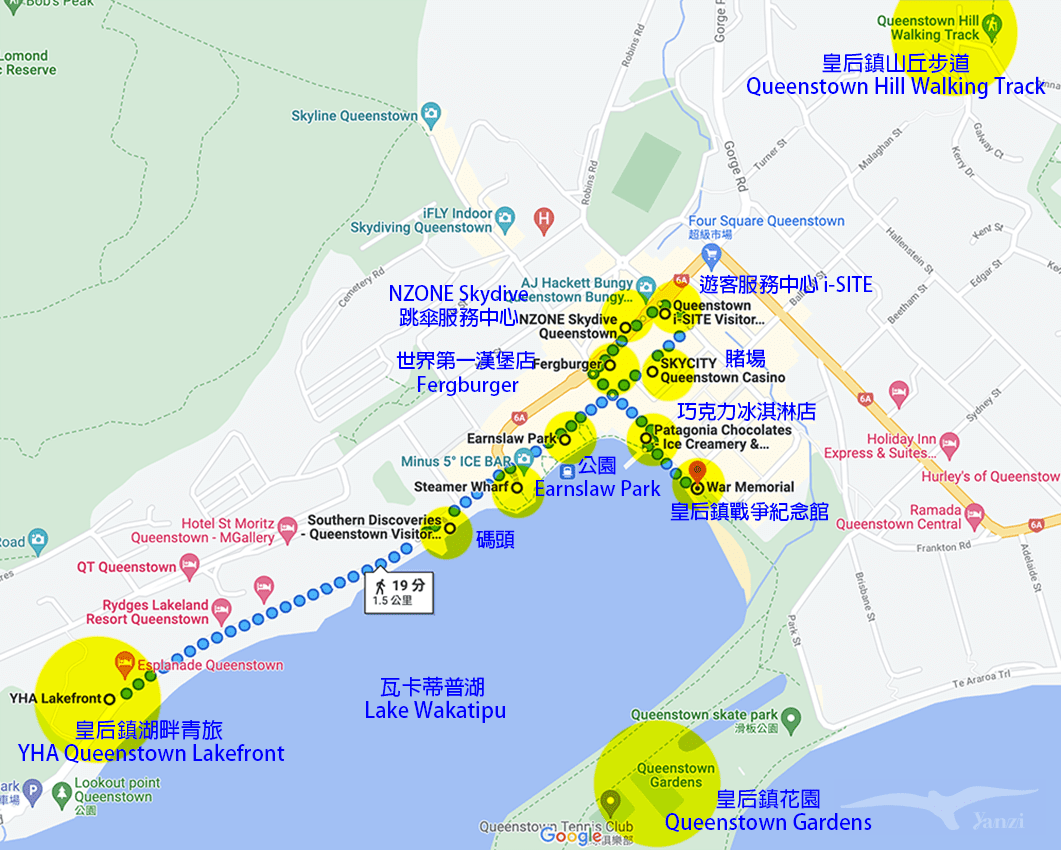 【紐西蘭D22】皇后鎮Queenstown六日遊行程|市區+郊區景點 - 第3張圖 皇后鎮市區景點路線圖