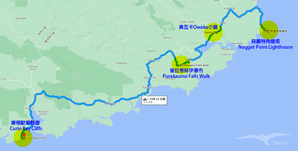 努蓋特角燈塔步道、普拉考努伊瀑布、奧瓦卡Owaka小鎮、Curio Bay Cliffs