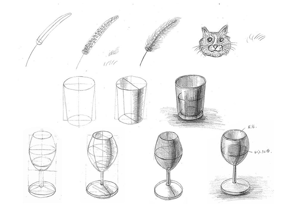 素描質感練習-狗尾草+貓咪+玻璃杯+葡萄酒杯-封面